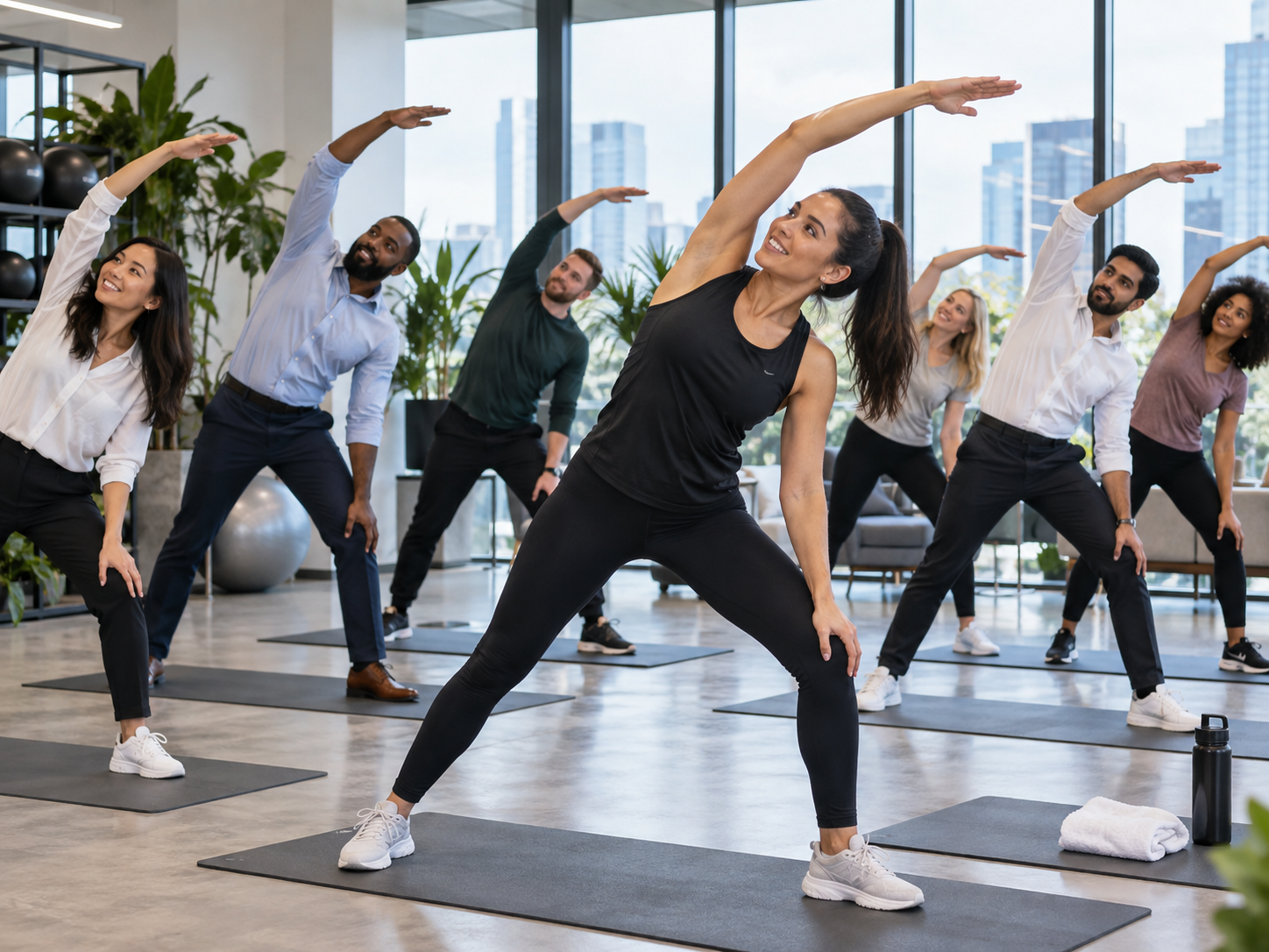 Employees participating in a Club100 corporate fitness session